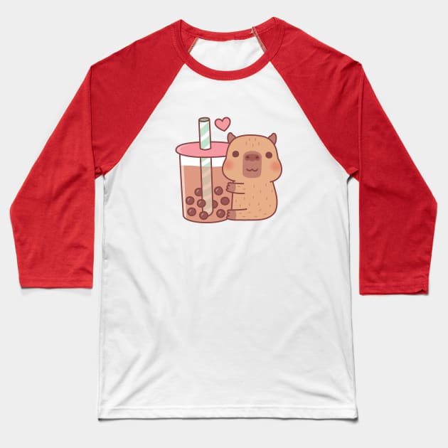 Cute Little Capybara Hugs Bubble Tea Baseball T-Shirt by rustydoodle